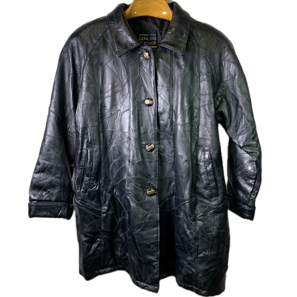 Vintage Womens Black Leather Jacket - PLUS - Maxam Italian Mosaic Lambskin Heavy